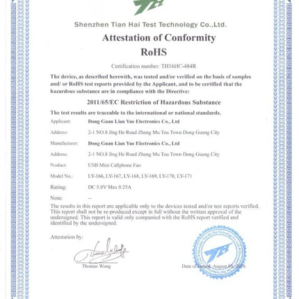 Compact Portable Fan for Smartphone Cooling via USB-C Port attached to smartphone showing RoHS Attestation of Conformity certificate