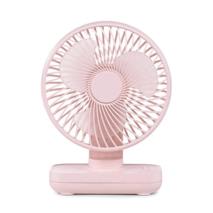 Compact Rechargeable Desktop Fan with Adjustable Speeds for Home and Office in soft pink on a desk, portable cordless cooling