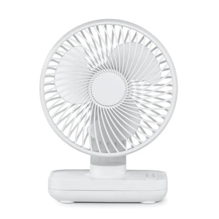 Compact Rechargeable Desktop Fan with Adjustable Speeds for Home and Office on white table, portable cordless desk cooling fan