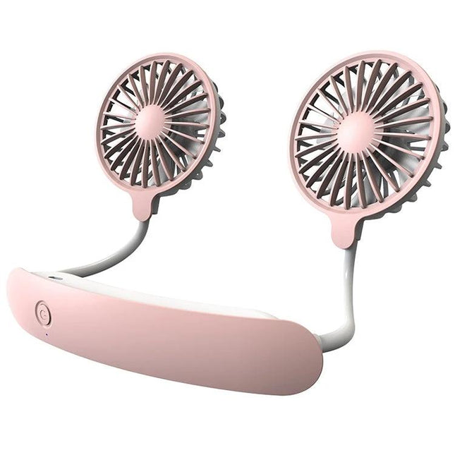 Compact USB-Charged Hanging Neck Fan for Portable Cooling shown in pink, lightweight hands-free dual-fan design for outdoor and commuting use