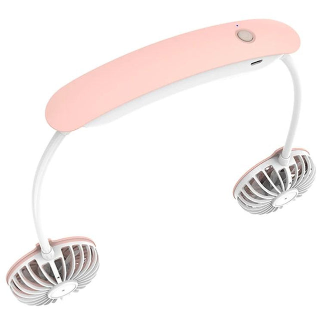 Compact USB-Charged Hanging Neck Fan for Portable Cooling – lightweight pink hands-free dual-head neck fan with USB charging port