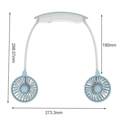 Compact USB-Charged Hanging Neck Fan for Portable Cooling shown in light blue with dimensions 273.3mm width and 298.07mm height