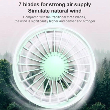 Compact USB-Charged Hanging Neck Fan for Portable Cooling showing 7-blade fan head generating strong, natural-like airflow