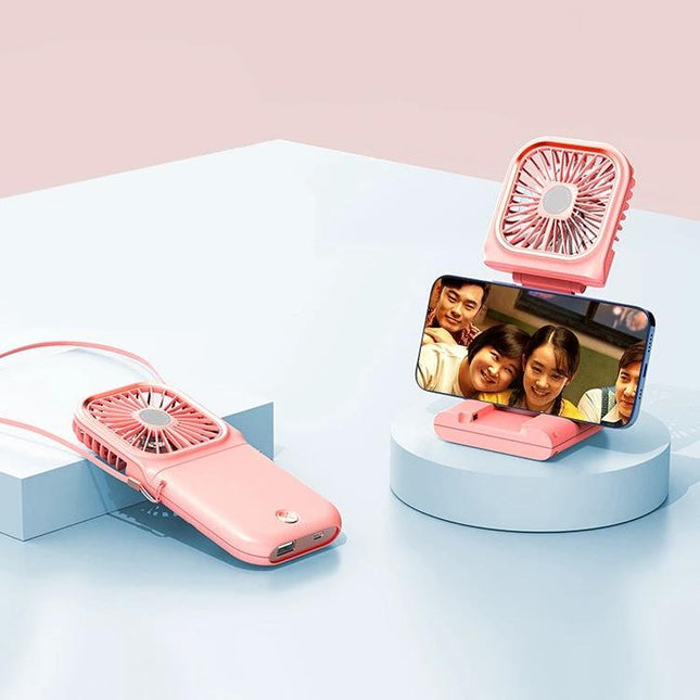 Portable F30 Hanging Neck and Handheld Fan for Daily Cooling in pink shown hanging, handheld and as phone stand for commuting and travel