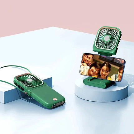 Portable F30 Hanging Neck and Handheld Fan for Daily Cooling shown in green as a hanging, handheld and desktop phone-stand fan