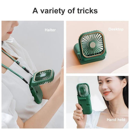 Portable F30 Hanging Neck and Handheld Fan for Daily Cooling shown in hanging, desktop, and handheld modes for commuting and travel comfort