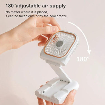 Portable F30 Hanging Neck and Handheld Fan for Daily Cooling shown tilted 180° adjustable air supply in compact foldable handheld and clip stand mode