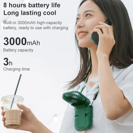 Portable F30 Hanging Neck and Handheld Fan for Daily Cooling worn by woman with 3000mAh battery text showing 8 hours battery life and 3h charging time