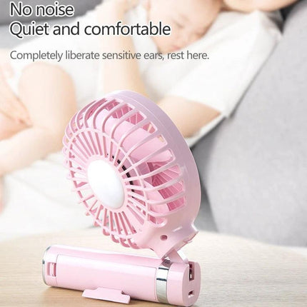 Compact Portable Foldable Handheld Electric Fan with Night Light - Pink foldable handheld fan on desk, rechargeable, quiet for travel and bedside use