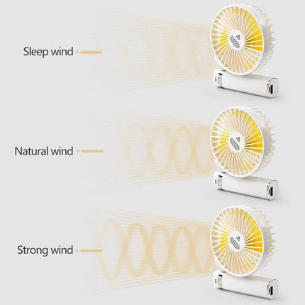 Compact Portable Foldable Handheld Electric Fan with Night Light showing three wind modes: Sleep wind, Natural wind, Strong wind