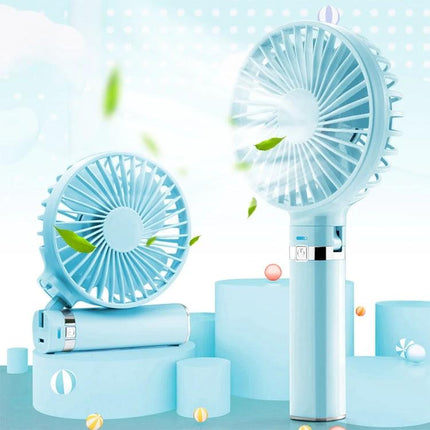Compact Portable Foldable Handheld Electric Fan with Night Light shown in blue, rechargeable 1500mAh, foldable travel and desk fan with soft night light