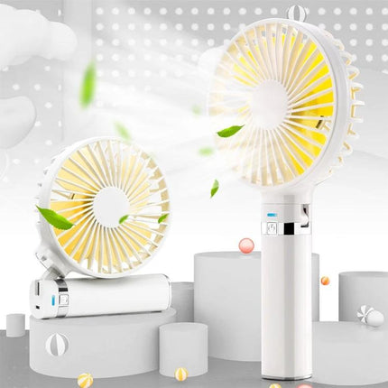 Compact Portable Foldable Handheld Electric Fan with Night Light shown in white, rechargeable 1500mAh handheld fan with soft night light and foldable stand