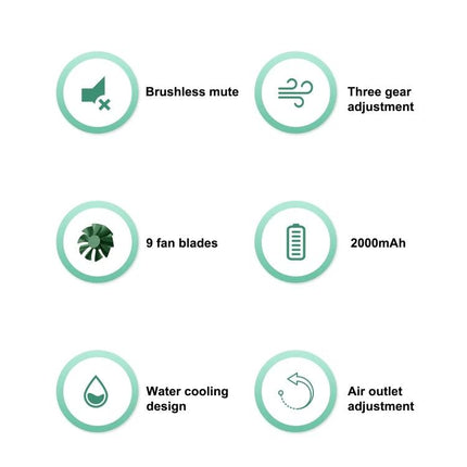 Little Monster Desktop Water Cooling Fan with Humidifier showing features: brushless mute, three gear adjustment, 9 fan blades, 2000mAh, water cooling, air outlet adjustment