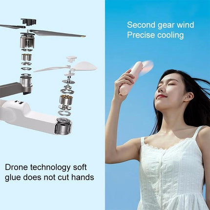 Xiaomi JISULIFE F8 Portable Handheld Mini Fan with Flashlight showing exploded motor parts and woman using fan outdoors