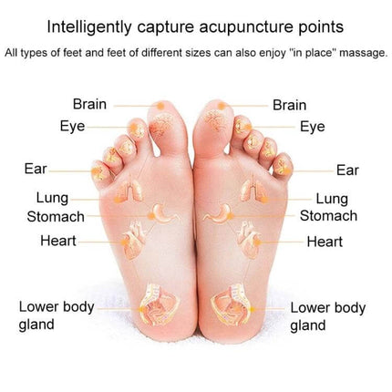 EMS Micro-Current Smart Foot Pad for Daily Foot Massage showing reflexology foot map with labeled acupoints for brain, eye, ear, lung, stomach, heart and lower body gland