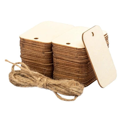 XTOOL 150-Piece Rectangular Poplar Wood Pieces for Crafting showing stacked unfinished poplar tags with drilled holes and twine for DIY projects
