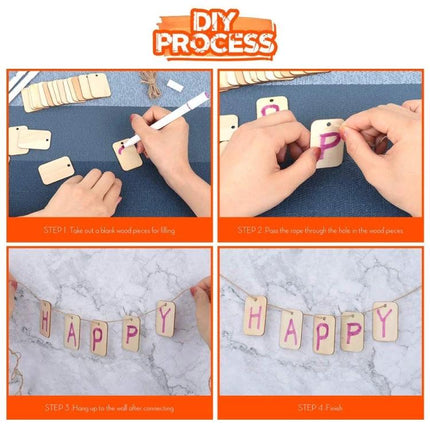 XTOOL 150-Piece Rectangular Poplar Wood Pieces for Crafting showing hands painting and stringing small rectangular poplar tags into a DIY HAPPY banner
