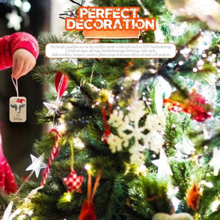 XTOOL 150-Piece Rectangular Poplar Wood Pieces for Crafting hanging ornament on Christmas tree showing painted and engraved wooden tags