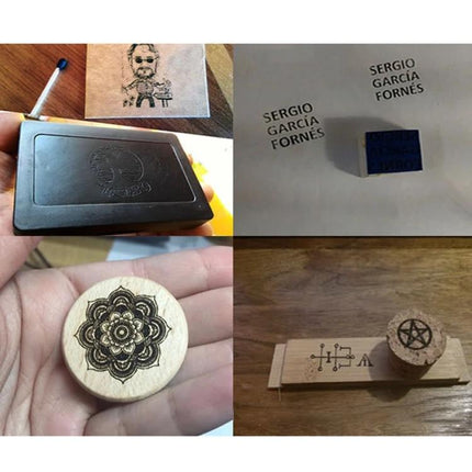 NEJE 1500mW Blue Laser Module for DIY Wood Engraving engraved wood and stamps showing detailed DIY designs