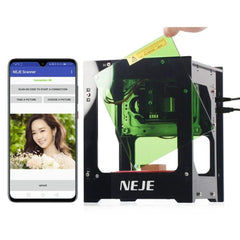 NEJE Bluetooth Laser Engraver for Creative DIY Projects showing smartphone app and green safety shield on compact engraving machine