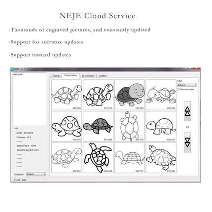 NEJE Bluetooth Laser Engraver for Creative DIY Projects showing turtle design library in NEJE Cloud Service engraving software