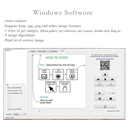 NEJE Bluetooth Laser Engraver for Creative DIY Projects - Windows software interface showing photo gallery, import options, QR code and control panel