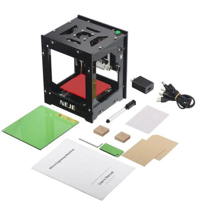 NEJE Bluetooth Laser Engraver for Creative DIY Projects shown with accessories and materials for home engraving