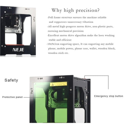 NEJE Bluetooth Laser Engraver for Creative DIY Projects showing compact engraving unit, protective green panel, and emergency stop button