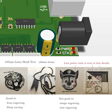 NEJE Bluetooth Laser Engraver for Creative DIY Projects showing PCB close-up and 445nm laser head test samples