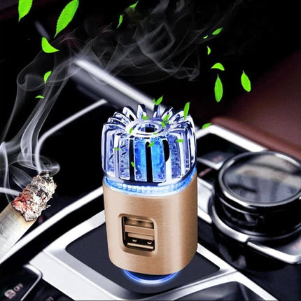 2-In-1 In-Car Air Purifier And Humidifier With Aromatherapy compact 12V car unit with aromatherapy, USB port, blue LED, removes smoke and PM2.5
