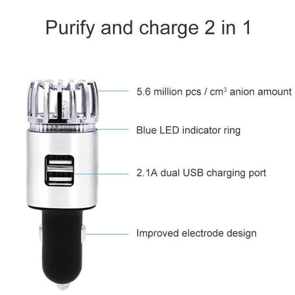 2-In-1 In-Car Air Purifier And Humidifier With Aromatherapy compact silver car unit with dual USB ports, blue LED ring, 5.6M anions/cm³