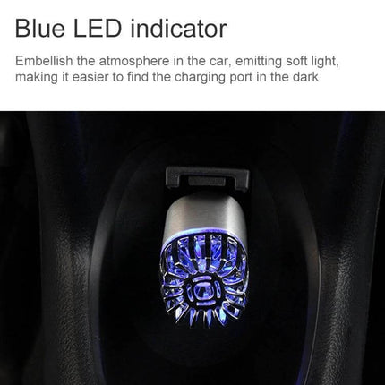 2-In-1 In-Car Air Purifier And Humidifier With Aromatherapy showing blue LED indicator illuminating car cupholder and charging port