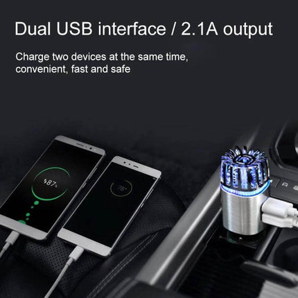 2-In-1 In-Car Air Purifier And Humidifier With Aromatherapy shown in car cup holder with dual USB 2.1A charging two smartphones