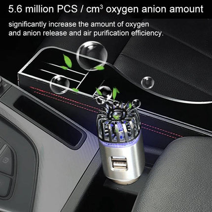 2-In-1 In-Car Air Purifier And Humidifier With Aromatherapy positioned in car cup holder releasing 5.6 million ions, USB ports visible for aromatherapy and humidifying