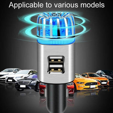 2-In-1 In-Car Air Purifier And Humidifier With Aromatherapy compact 12V car unit shown glowing with multiple car models in background