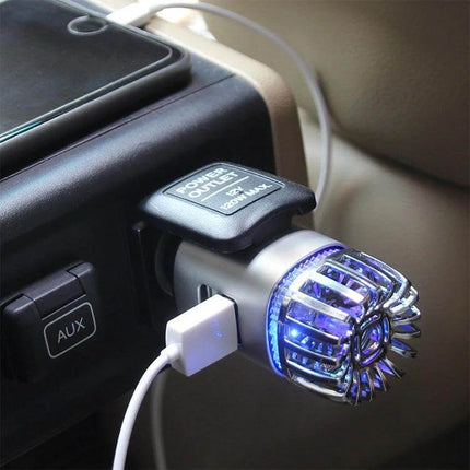 2-In-1 In-Car Air Purifier And Humidifier With Aromatherapy compact 12V car unit plugged into cigarette lighter with blue LED and USB port