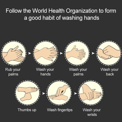 Automatic Touchless Spray Dispenser for Home Sanitizing placed near sink with WHO handwashing steps graphic to promote contactless hygiene