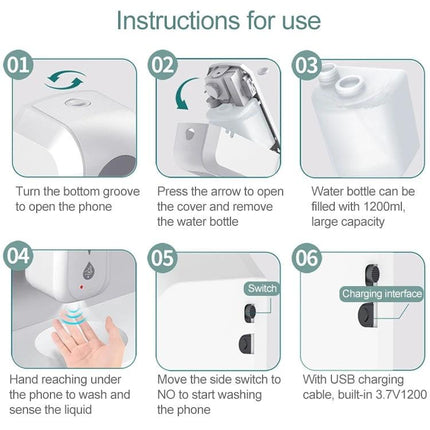 Automatic Touchless Spray Dispenser for Home Sanitizing showing six-step setup and use instructions with infrared sensor and refillable 1200ml bottle