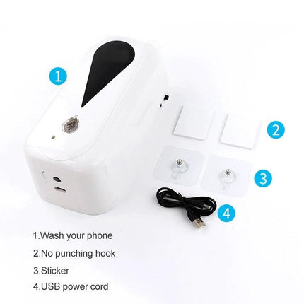 Automatic Touchless Spray Dispenser for Home Sanitizing white infrared wall-mounted unit with USB cord and mounting stickers