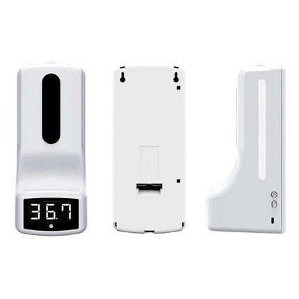 A K9 Thermometer And Soap Dispenser For Daily Hygiene Tasks wall-mounted touchless soap dispenser with digital temperature display, front/back/side views