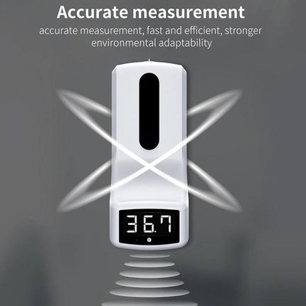 A K9 Thermometer And Soap Dispenser For Daily Hygiene Tasks shown wall-mounted with digital temperature display reading 36.7 and touchless soap dispensing