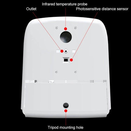 A K9 Thermometer And Soap Dispenser For Daily Hygiene Tasks showing back view with infrared probe, photosensitive sensor, outlet and tripod mounting hole