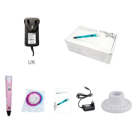 Hand-Held 3D Printing Pen for Art and Design with UK Plug showing pen, UK adapter, filament, stand and packaging