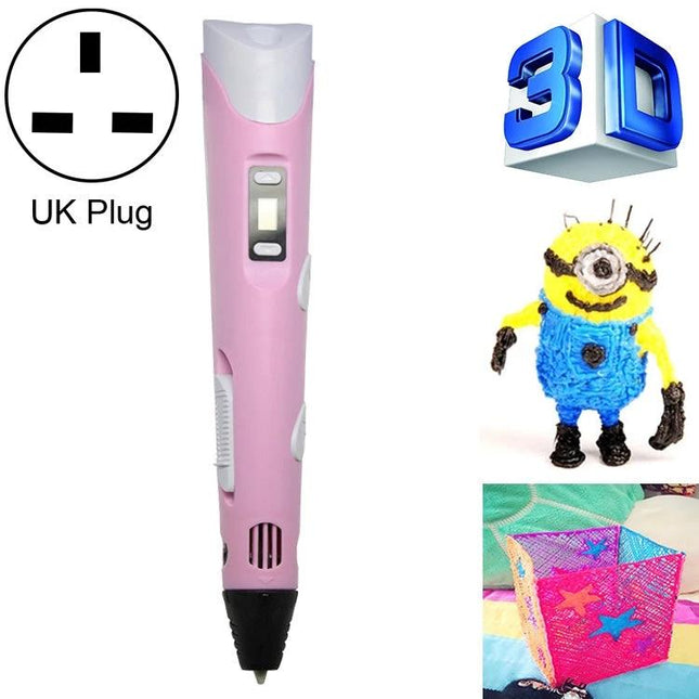 Hand-Held 3D Printing Pen for Art and Design with UK Plug showing pink pen, UK plug icon and 3D craft examples