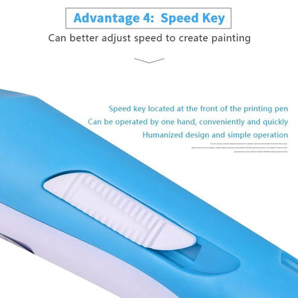 Hand-Held 3D Printing Pen for Art and Design with UK Plug showing close-up of speed key control on blue pen