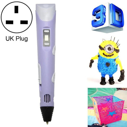 Hand-Held 3D Printing Pen for Art and Design with UK Plug - lavender pen with UK plug icon and sample 3D creations