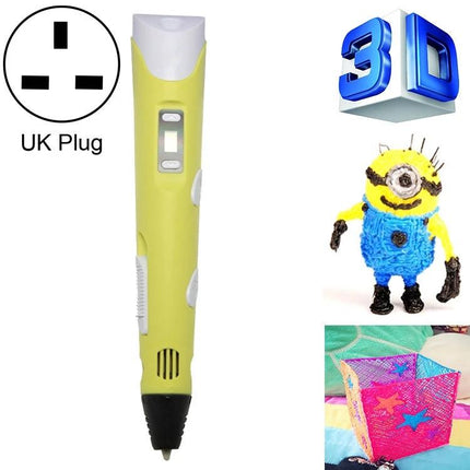 Hand-Held 3D Printing Pen for Art and Design with UK Plug - lightweight yellow 3D pen with UK plug and sample 3D models
