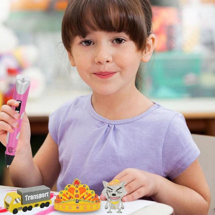 Child using Hand-Held 3D Printing Pen for Artistic Design and Creation to make colorful toy crown and figurines with ABS filament