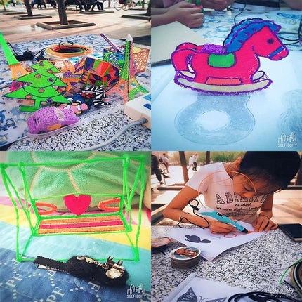Hand-Held 3D Printing Pen for Artistic Design and Creation creating colorful toy models, student using pen, layered ABS filament sculptures