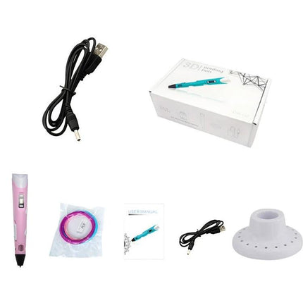 Hand-Held 3D Printing Pen for Artistic Design and Creation showing pink pen, ABS filament, USB cable, stand and box
